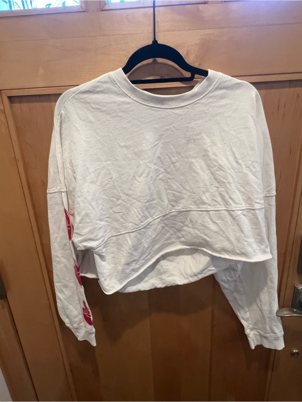 White Long-Sleeve Cropped Tee with Pink Sleeve Detail